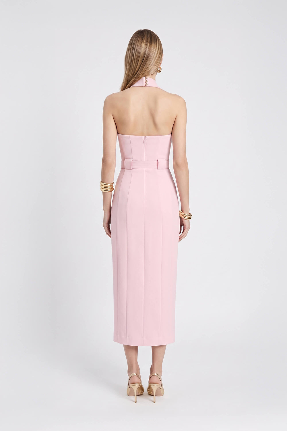 Elena Halter Wrap-Front Belted Midi Vestido 526272 ROS - Reina Diaz
