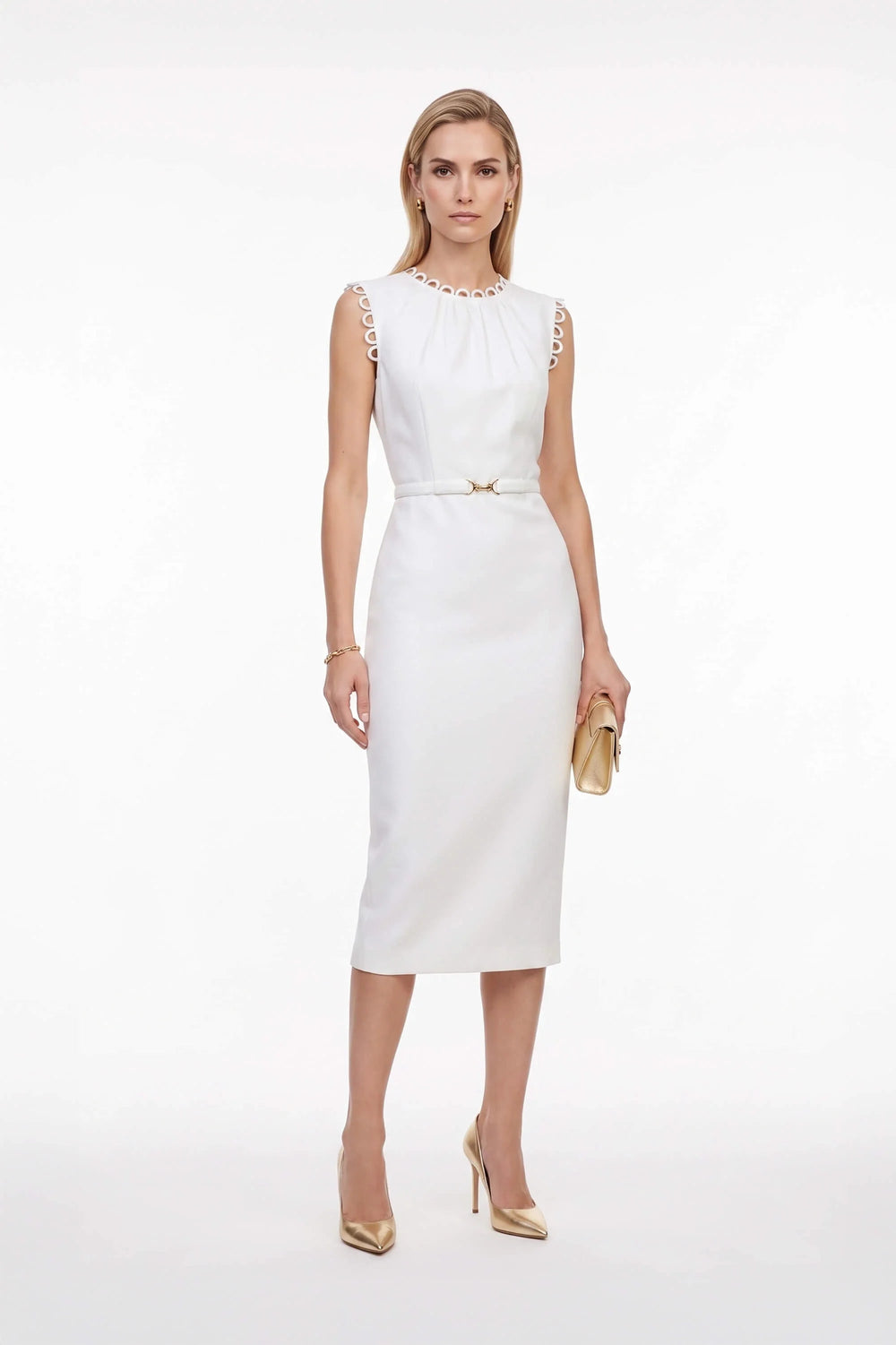 Elena Scalloped Trim Sheath Vestido - Reina Diaz