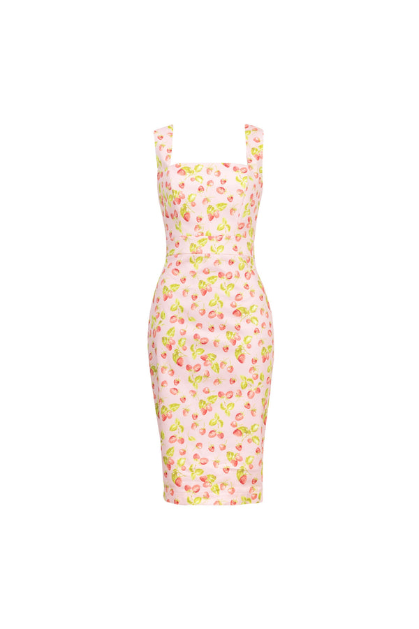 Fragaria Strawberry Print Cotton Sheath Dress - Reina Diaz
