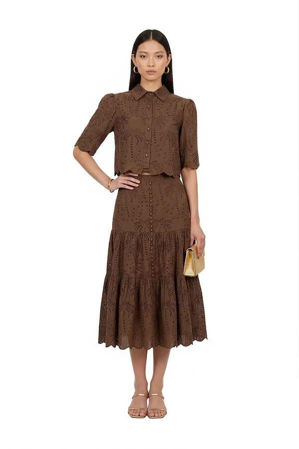 Hazel Tropical Eyelet Midi Falda - Reina Diaz