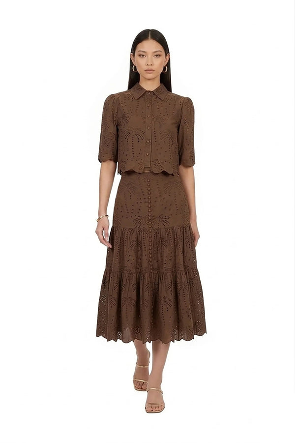 Hazel Tropical Eyelet Midi Falda - Reina Diaz