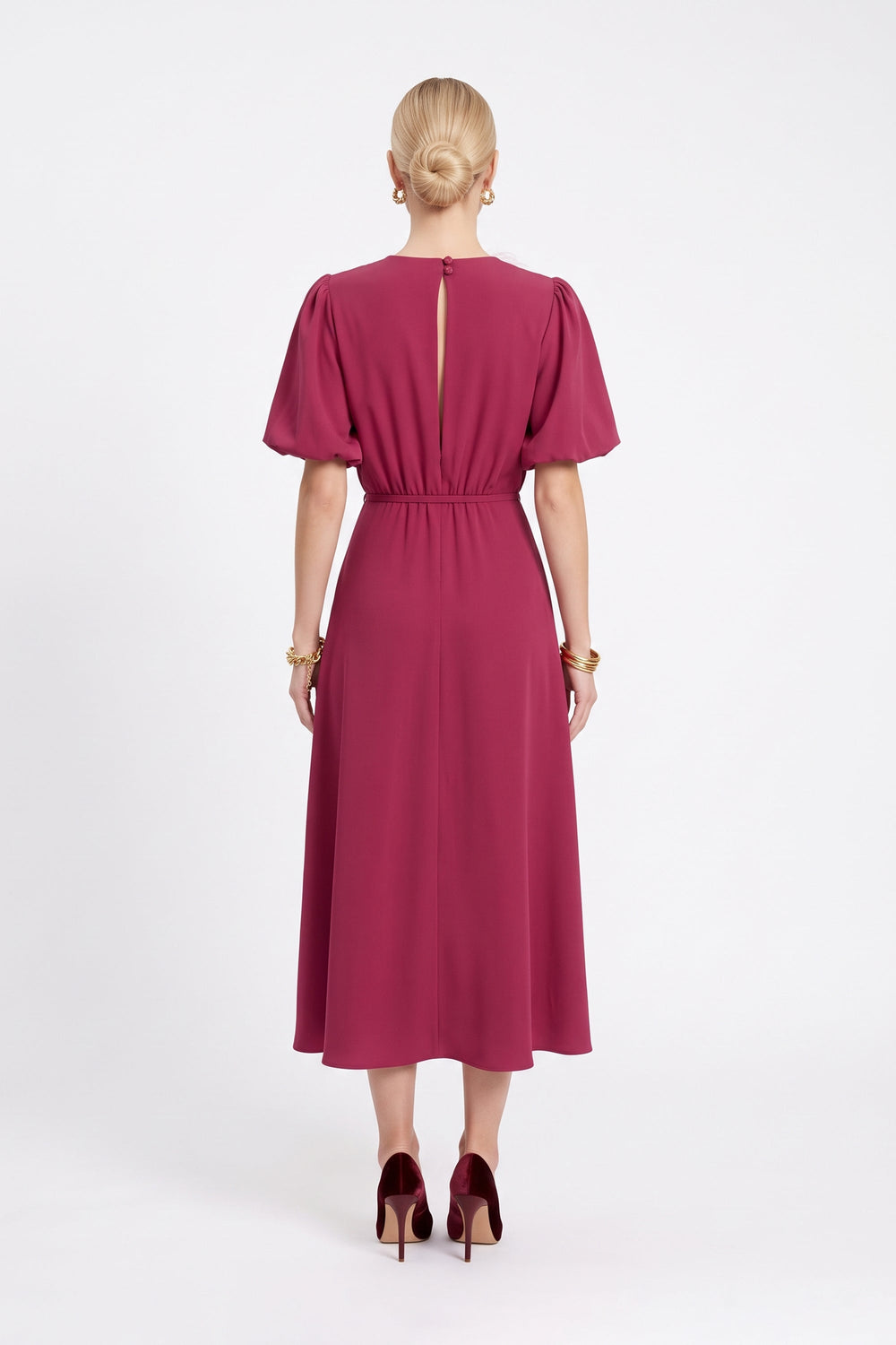 Inés Flower Applique Puff-Sleeve Midi Vestido 526217 BET - Reina Diaz