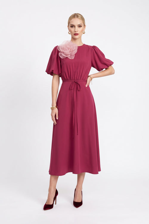 Inés Flower Applique Puff-Sleeve Midi Vestido 526217 BET - Reina Diaz
