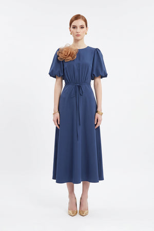 Inés Flower Applique Puff-Sleeve Midi Vestido 526217 MAR - Reina Diaz
