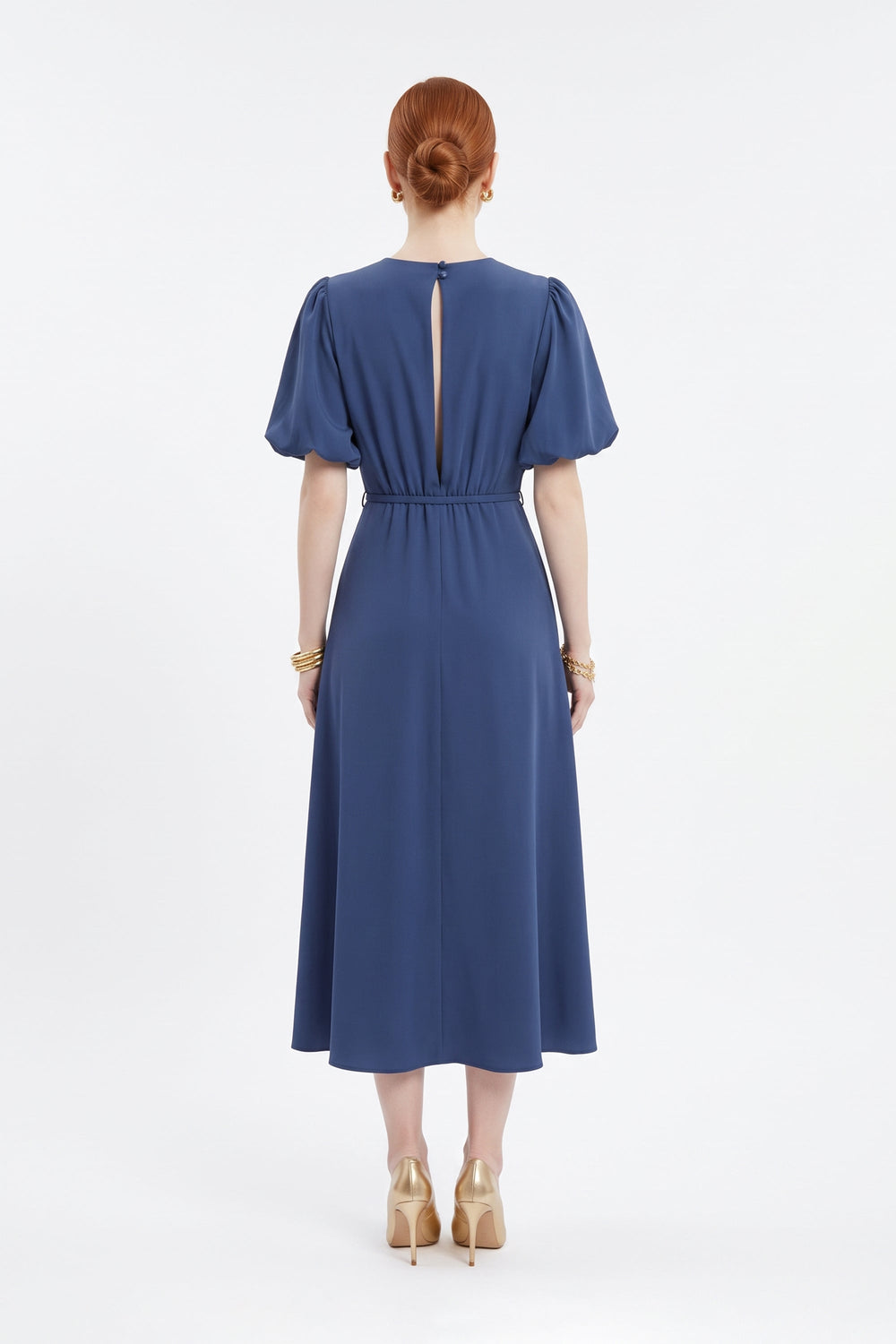 Inés Flower Applique Puff-Sleeve Midi Vestido 526217 MAR - Reina Diaz