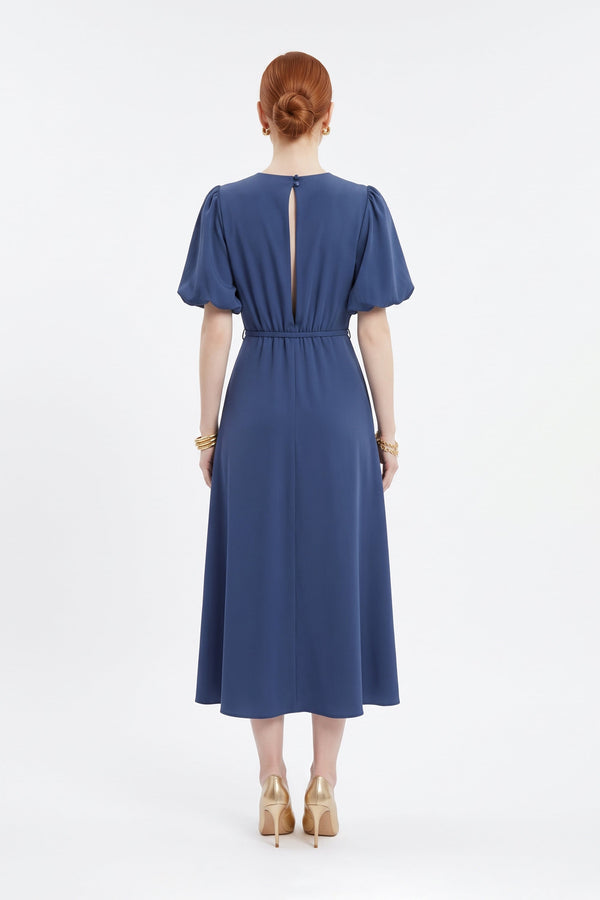 Inés Flower Applique Puff-Sleeve Midi Vestido 526217 MAR - Reina Diaz