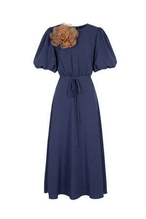 Inés Flower Applique Puff-Sleeve Midi Vestido 526217 MAR - Reina Diaz