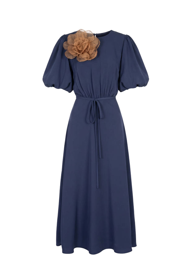 Inés Flower Applique Puff-Sleeve Midi Vestido 526217 MAR - Reina Diaz