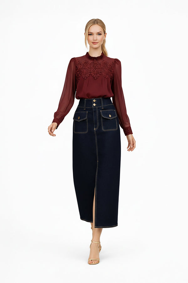 Inés Lace High-Neck Long Sleeve Blusa 554247 VIN - Reina Diaz