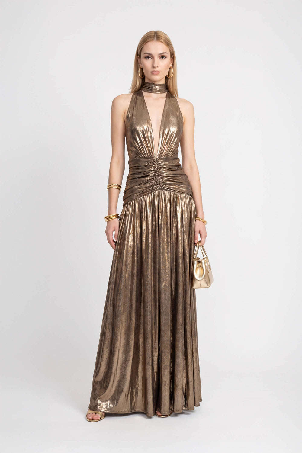 Inés Metallic Plunging Halter Maxi Vestido 526210 DOR - Reina Diaz