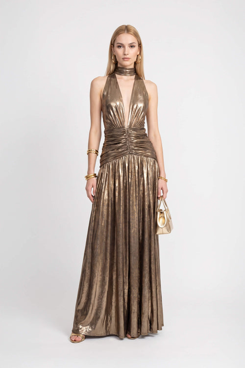 Inés Metallic Plunging Halter Maxi Vestido 526210 DOR - Reina Diaz