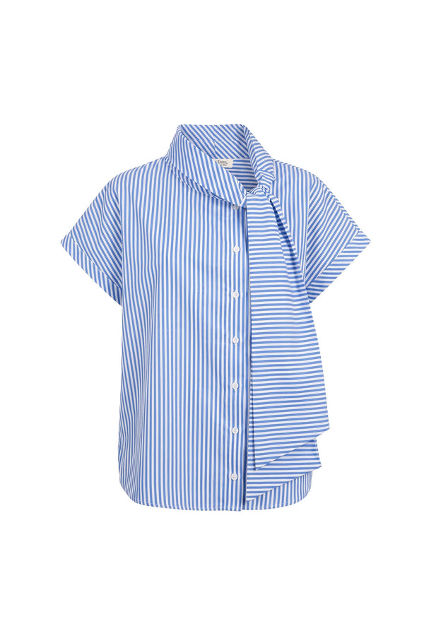 Inés Tie Neck Striped Short Sleeve Camisa 752994 AZU - Reina Diaz