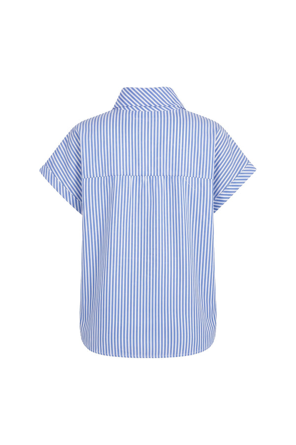 Inés Tie Neck Striped Short Sleeve Camisa 752994 AZU - Reina Diaz