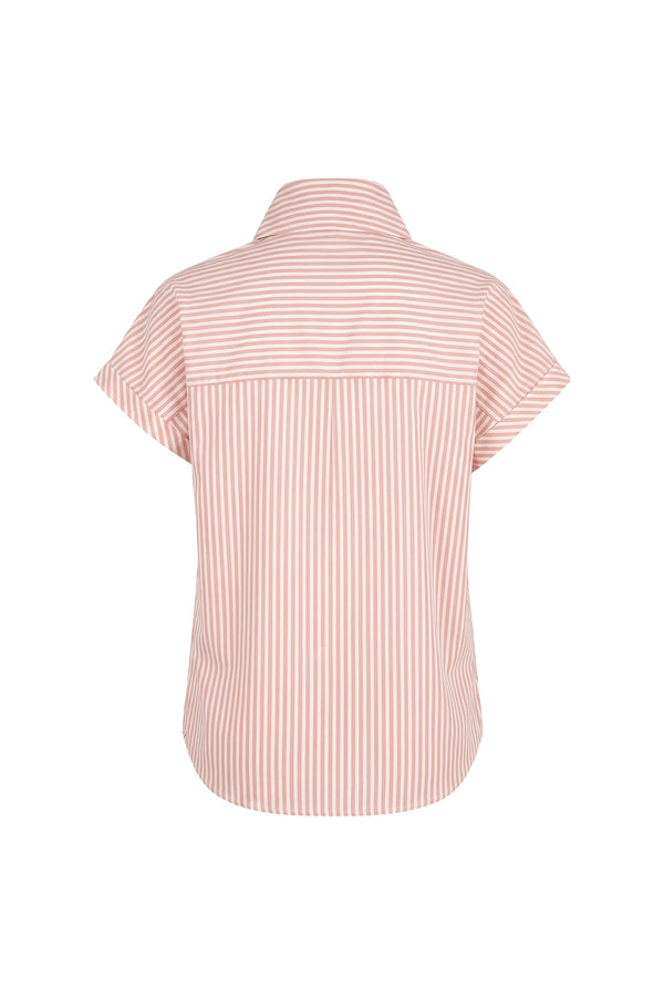Inés Tie Neck Striped Short Sleeve Camisa 752994 BEI - Reina Diaz