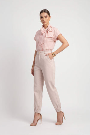 Inés Tie Neck Striped Short Sleeve Camisa 752994 BEI - Reina Diaz
