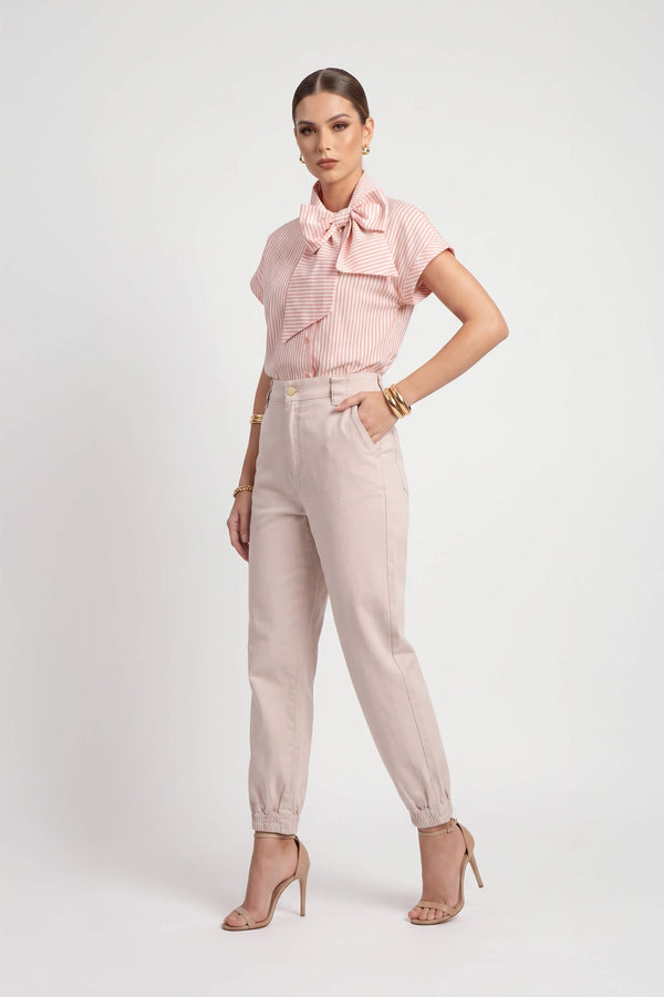 Inés Tie Neck Striped Short Sleeve Camisa 752994 BEI - Reina Diaz