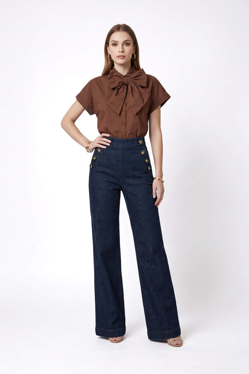 Inés Tie Neck Striped Short Sleeve Camisa 752994 CAF - Reina Diaz