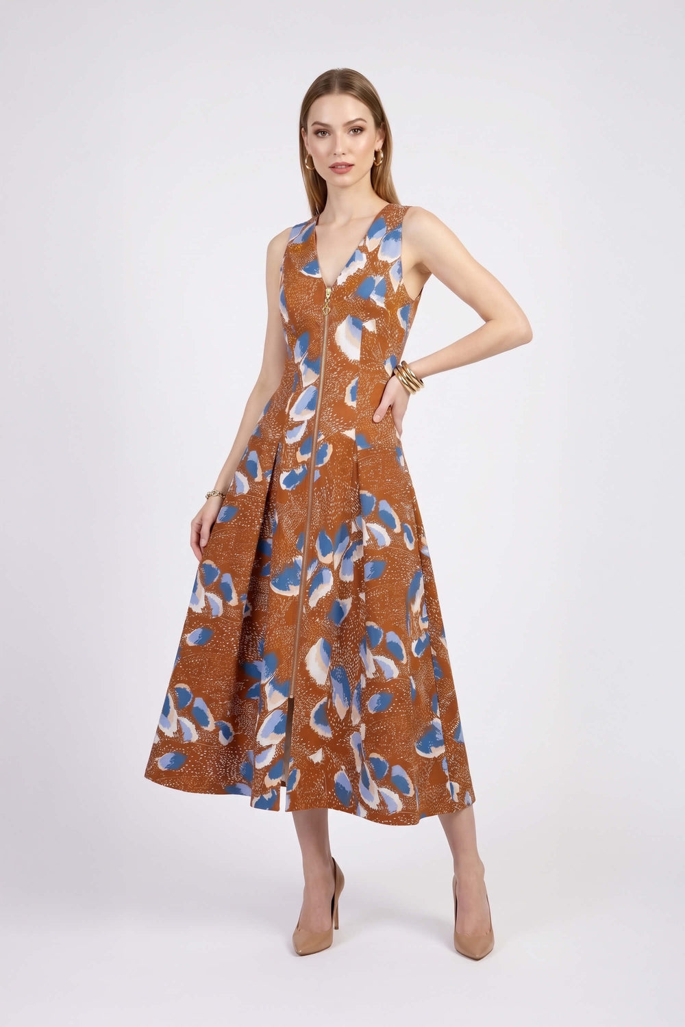 Isabella Abstract Printed Zipper Midi Vestido 723202 LAD - Reina Diaz