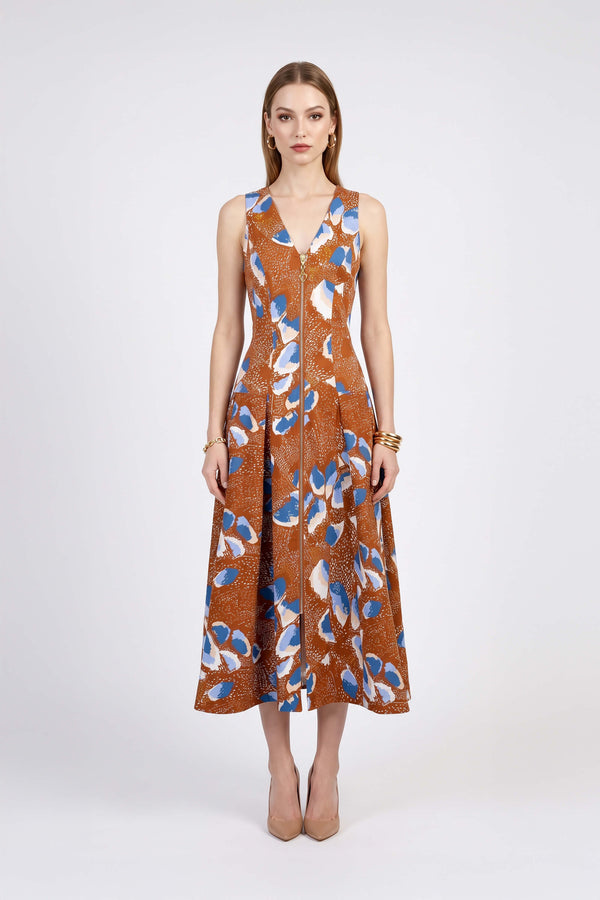 Isabella Abstract Printed Zipper Midi Vestido 723202 LAD - Reina Diaz