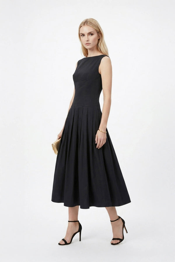 Isabella Boat - Neck Pleated Midi Vestido - Reina Diaz