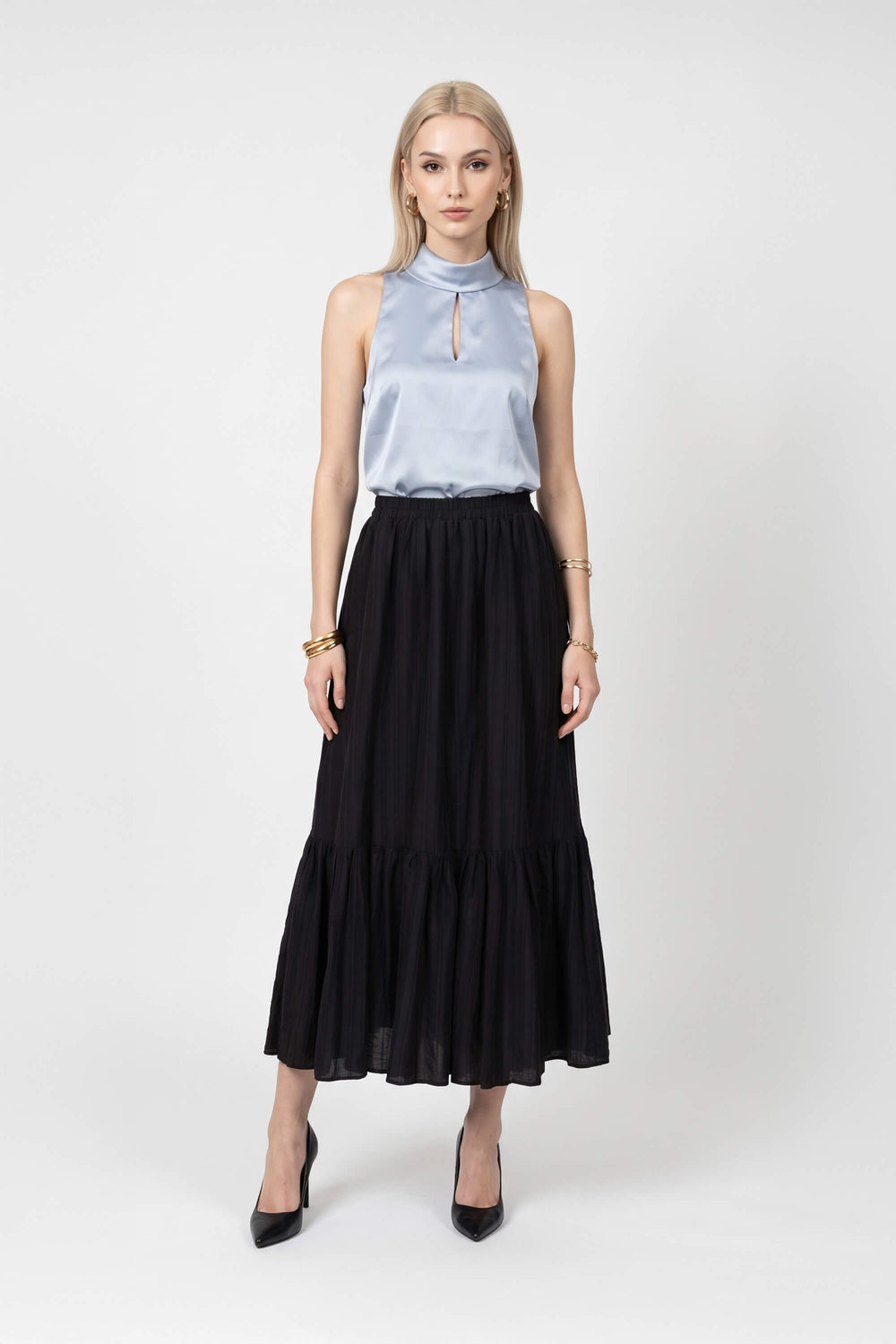 Isabella Tiered Elastic-Waist Maxi Falda 740933 NEG - Reina Diaz