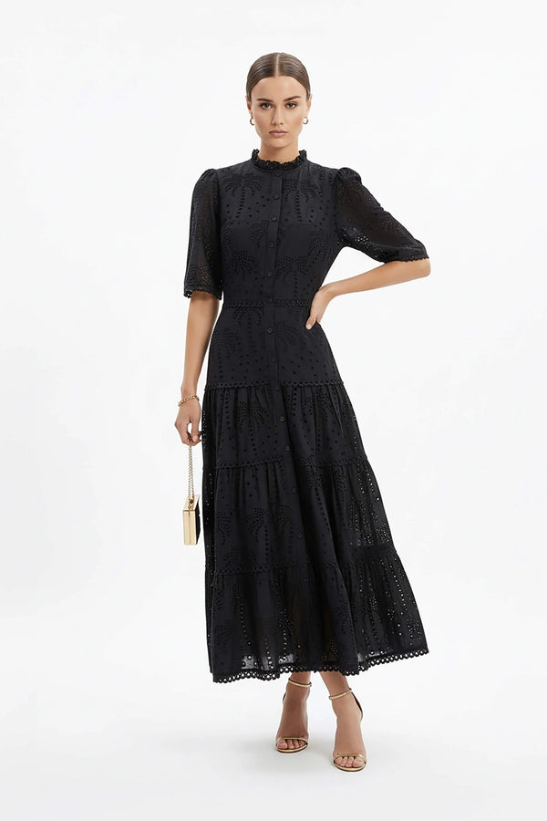 Juliana Eyelet Midi Vestido - Reina Diaz