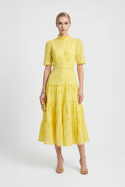 Juliana Eyelet Midi Vestido - Reina Diaz