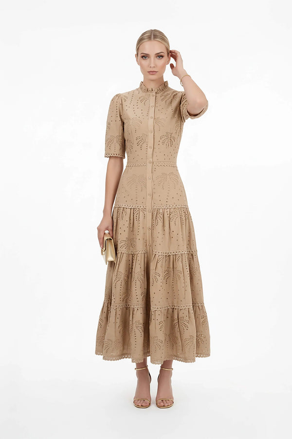 Juliana Eyelet Midi Vestido - Reina Diaz