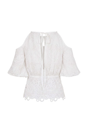 Julieta Cold-Shoulder Lace Blusa 752922 HUE - Reina Diaz