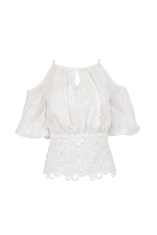 Julieta Cold-Shoulder Lace Blusa 752922 HUE - Reina Diaz