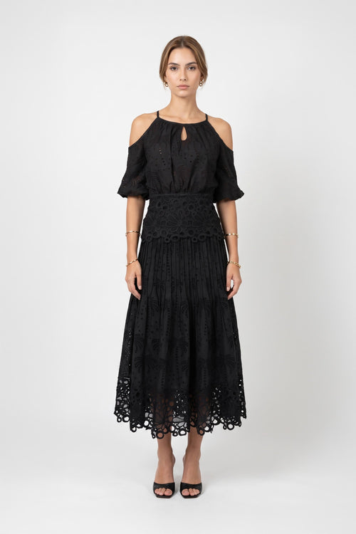 Julieta Cold-Shoulder Lace Blusa 752922 NEG - Reina Diaz