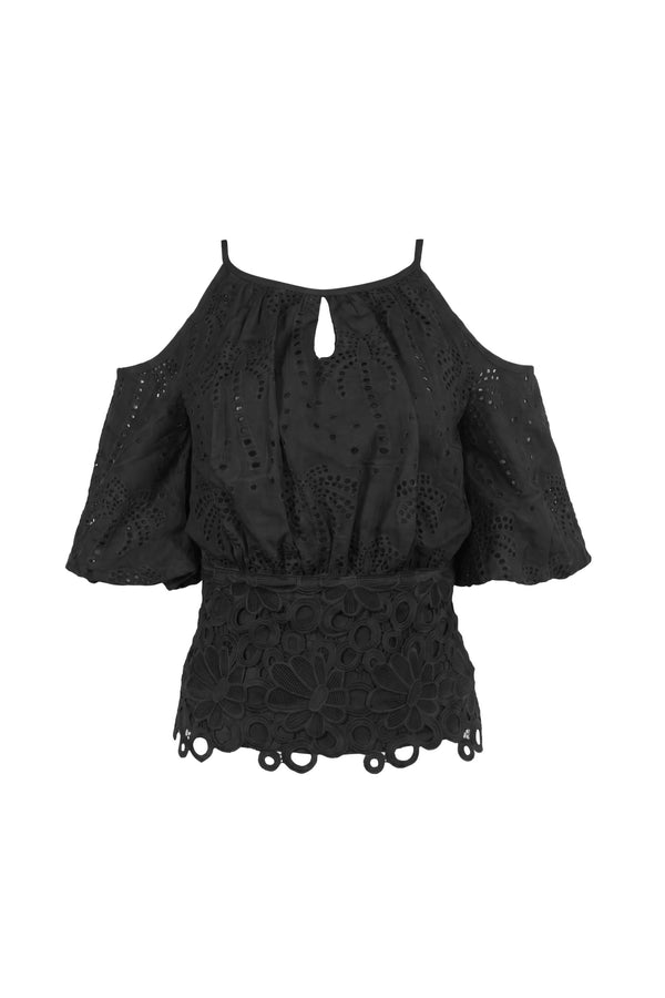 Julieta Cold-Shoulder Lace Blusa 752922 NEG - Reina Diaz