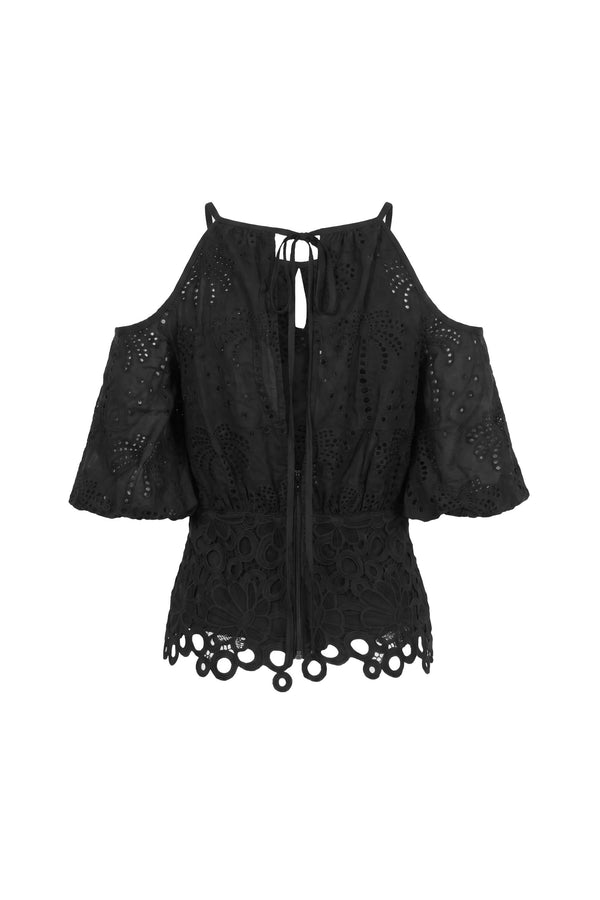 Julieta Cold-Shoulder Lace Blusa 752922 NEG - Reina Diaz