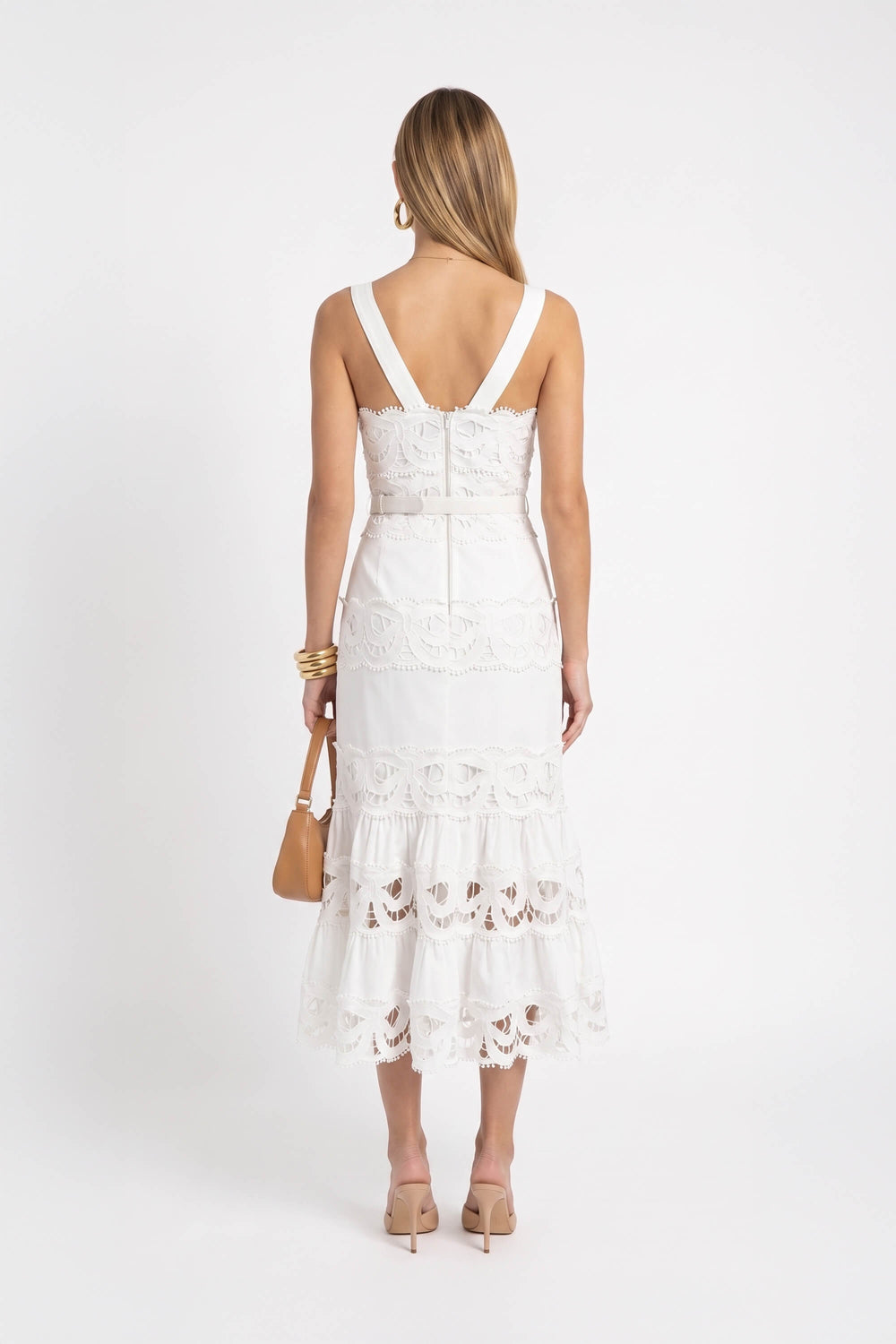 Julieta Cutout Guipure Belted Midi Vestido 526267 HUE - Reina Diaz