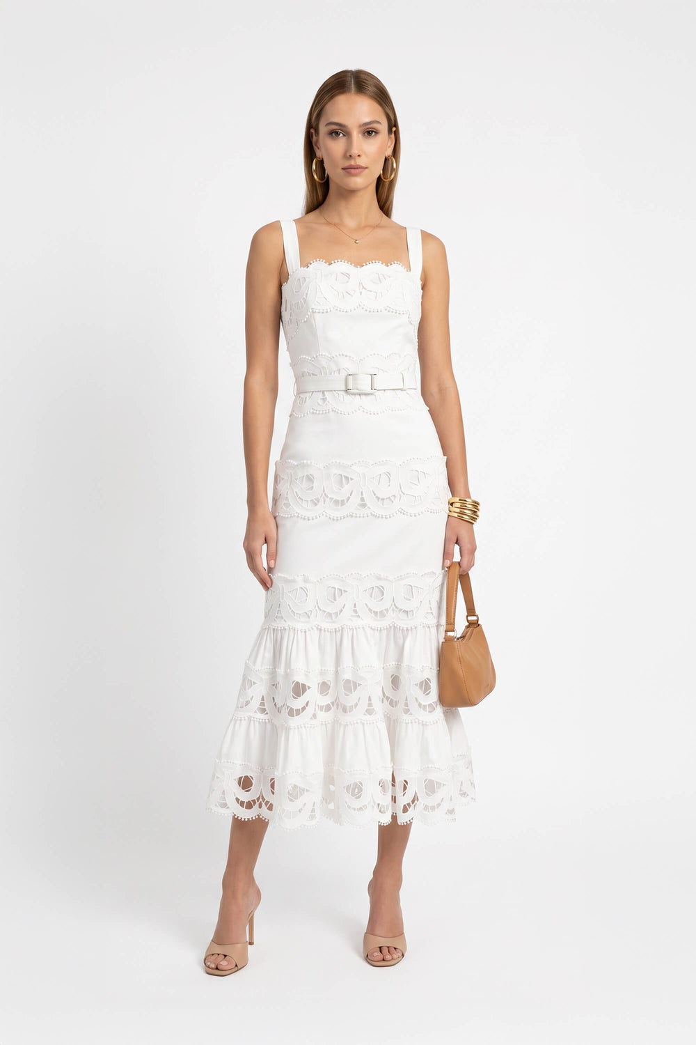 Julieta Cutout Guipure Belted Midi Vestido 526267 HUE - Reina Diaz