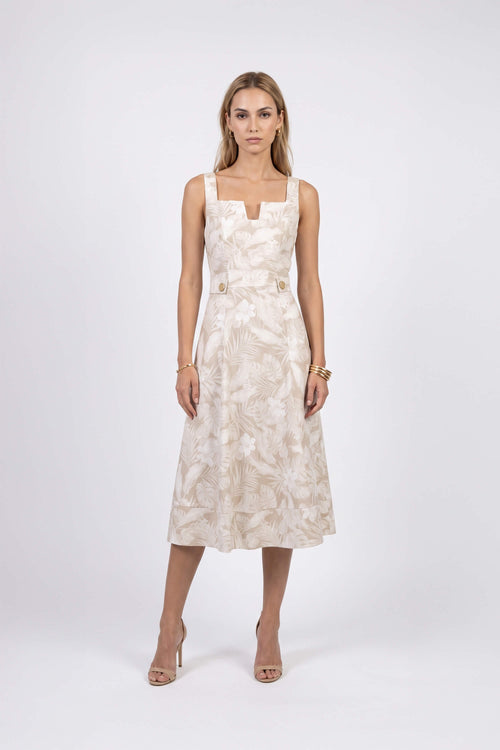 Julieta Notch Square Neck Midi Vestido 723008 BEI - Reina Diaz