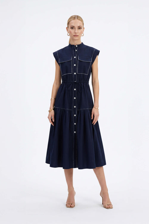 Leonor Contrast-Piping Button-Front Vestido 723160MAR - Reina Diaz