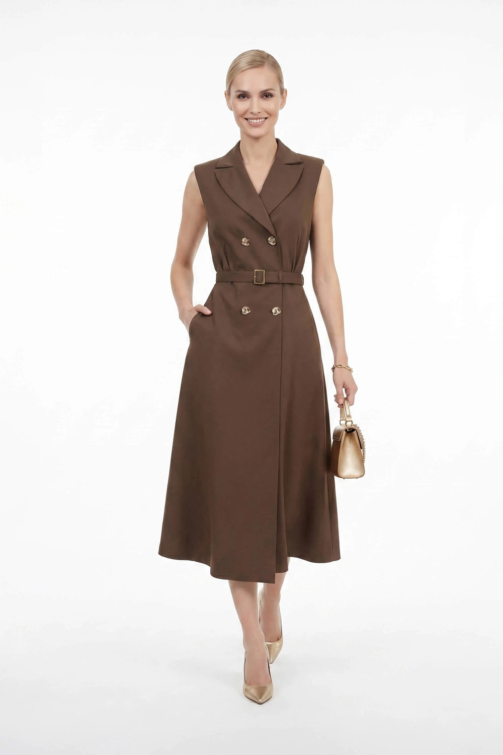 Londres Double - Breasted Sleeveless Midi Vestido - Reina Diaz