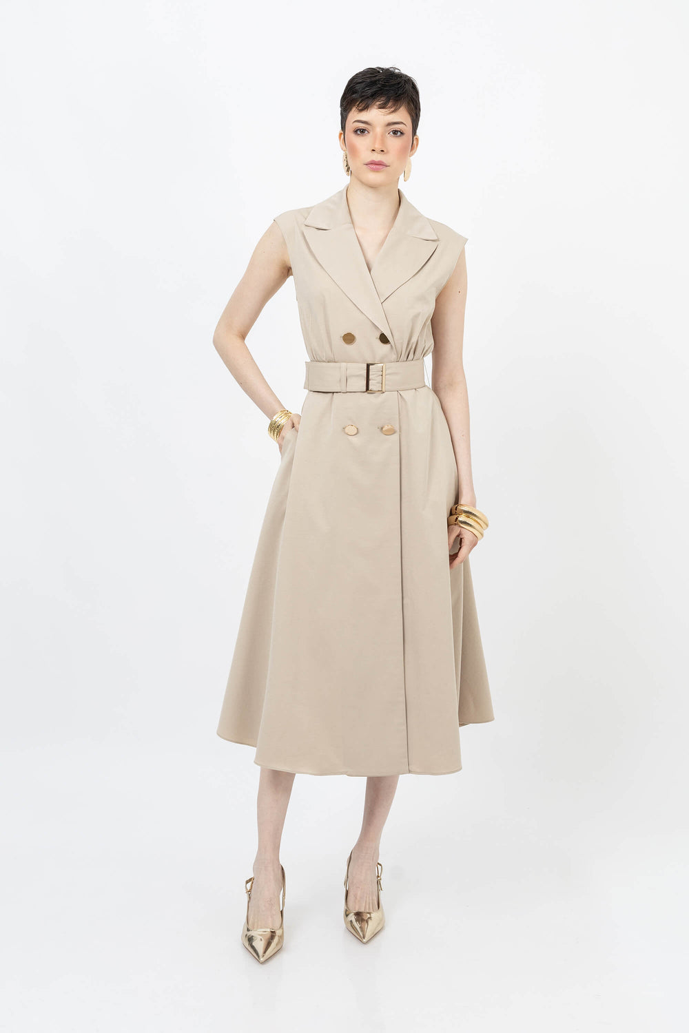 Londres Double-Breasted Sleeveless Midi Vestido 525934 BEI - Reina Diaz