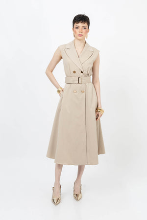 Londres Double-Breasted Sleeveless Midi Vestido 525934 BEI - Reina Diaz