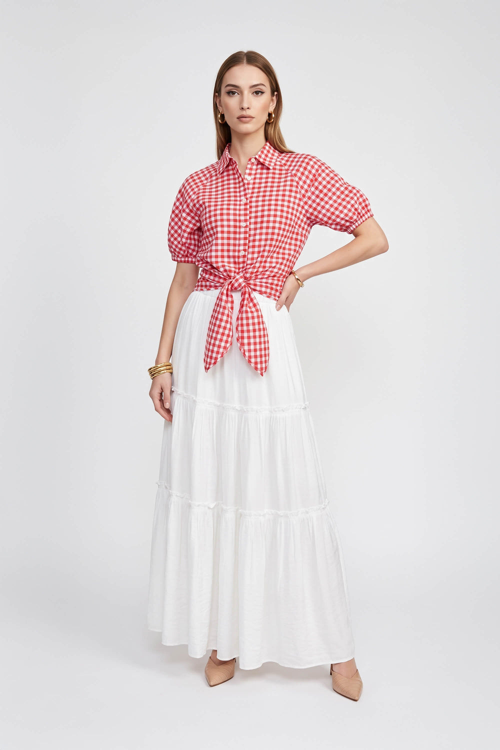 Lucía Gingham Tie-Front Smocked Blusa 753010 ROJ - Reina Diaz