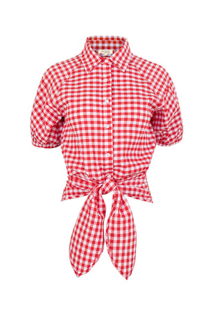 Lucía Gingham Tie-Front Smocked Blusa 753010 ROJ - Reina Diaz