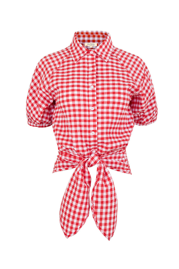 Lucía Gingham Tie-Front Smocked Blusa 753010 ROJ - Reina Diaz