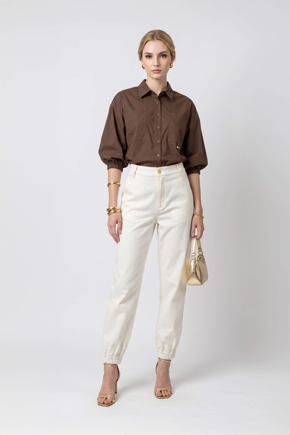 Lucia Puff-Sleeve Button-Down Camisa 752977 CHO - Reina Diaz