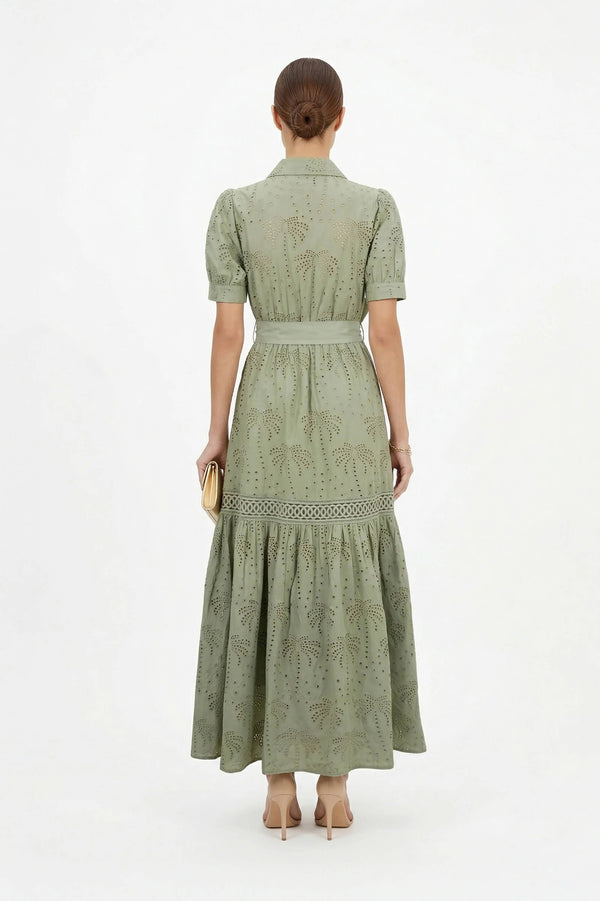 Luciana Eyelet Midi Vestido - Reina Diaz