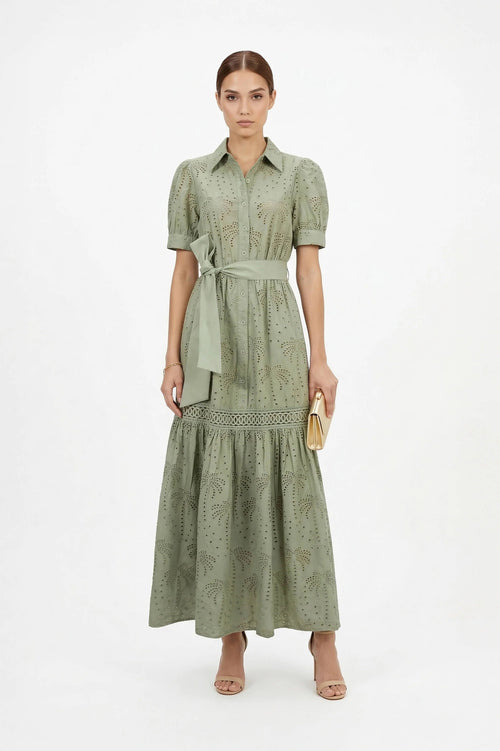Luciana Eyelet Midi Vestido - Reina Diaz