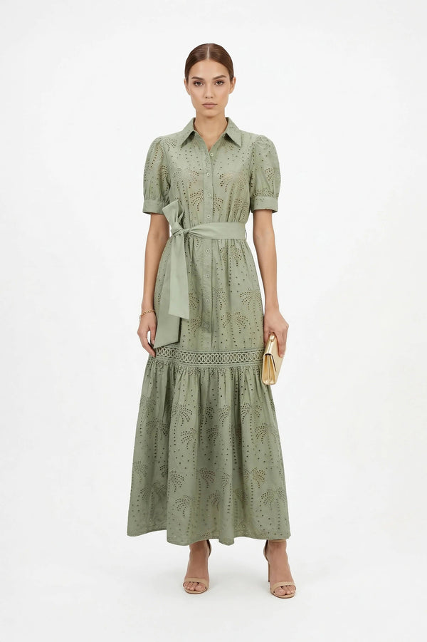 Luciana Eyelet Midi Vestido - Reina Diaz