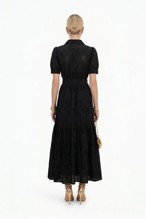 Luciana Eyelet Midi Vestido - Reina Diaz