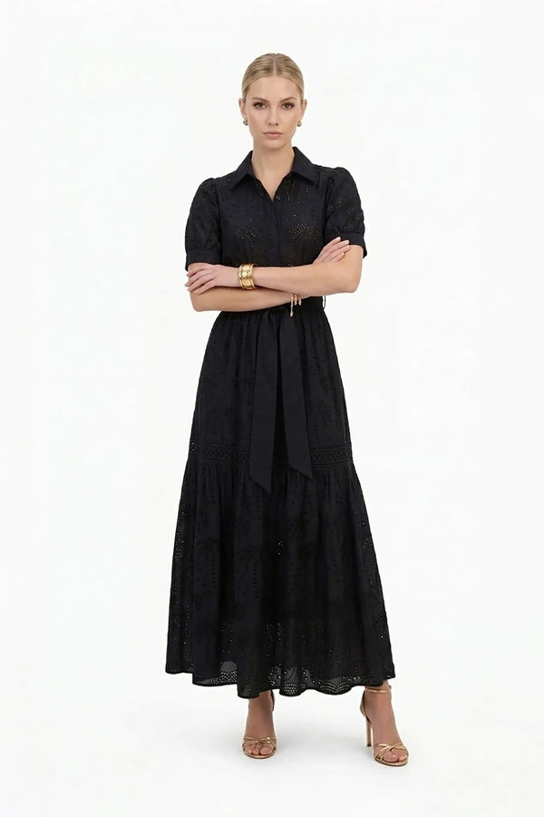 Luciana Eyelet Midi Vestido - Reina Diaz