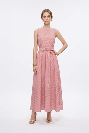 Luciana Striped Belted Maxi Vestido 723110 ROJ - Reina Diaz
